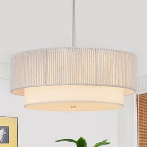 Rattan Farmhouse Chandeliers, Rattan Pendant Light Fixture, Boho Light Fixtures for Bedroom Dining Room Foyer Kitchen Hallway | Fabric Shade | Bulbs Not Included | White, 18inch
