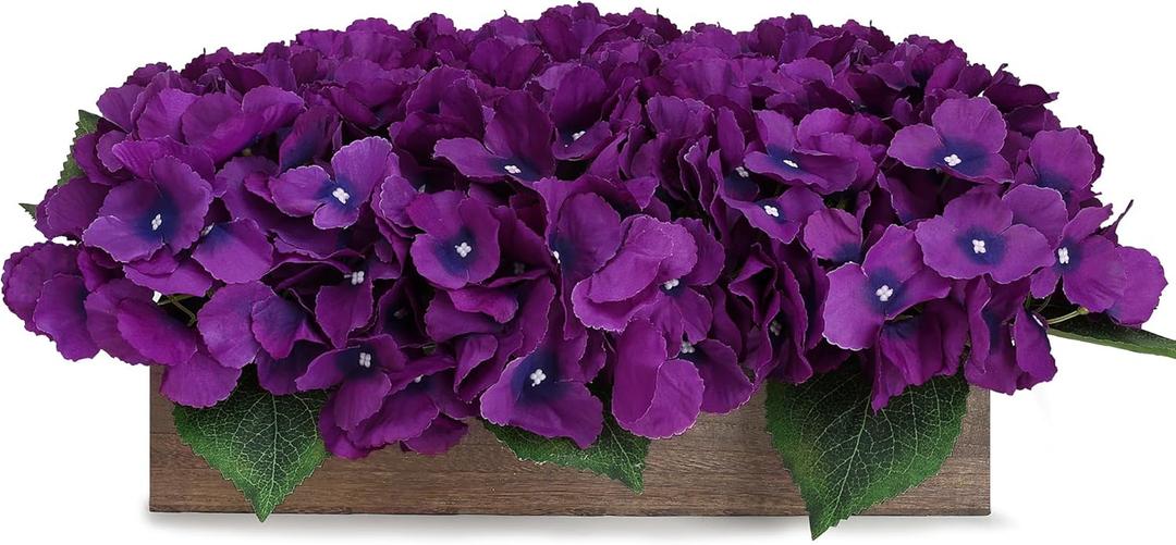 Pre-Made Flower Table Centerpiece, Artificial Hydrangea Arrangements Centerpieces Fake Flowers Decor Wood Tray Faux Flower Wedding Bouquets Room Kitchen Farmhouse Indoor Office Party(Purple)