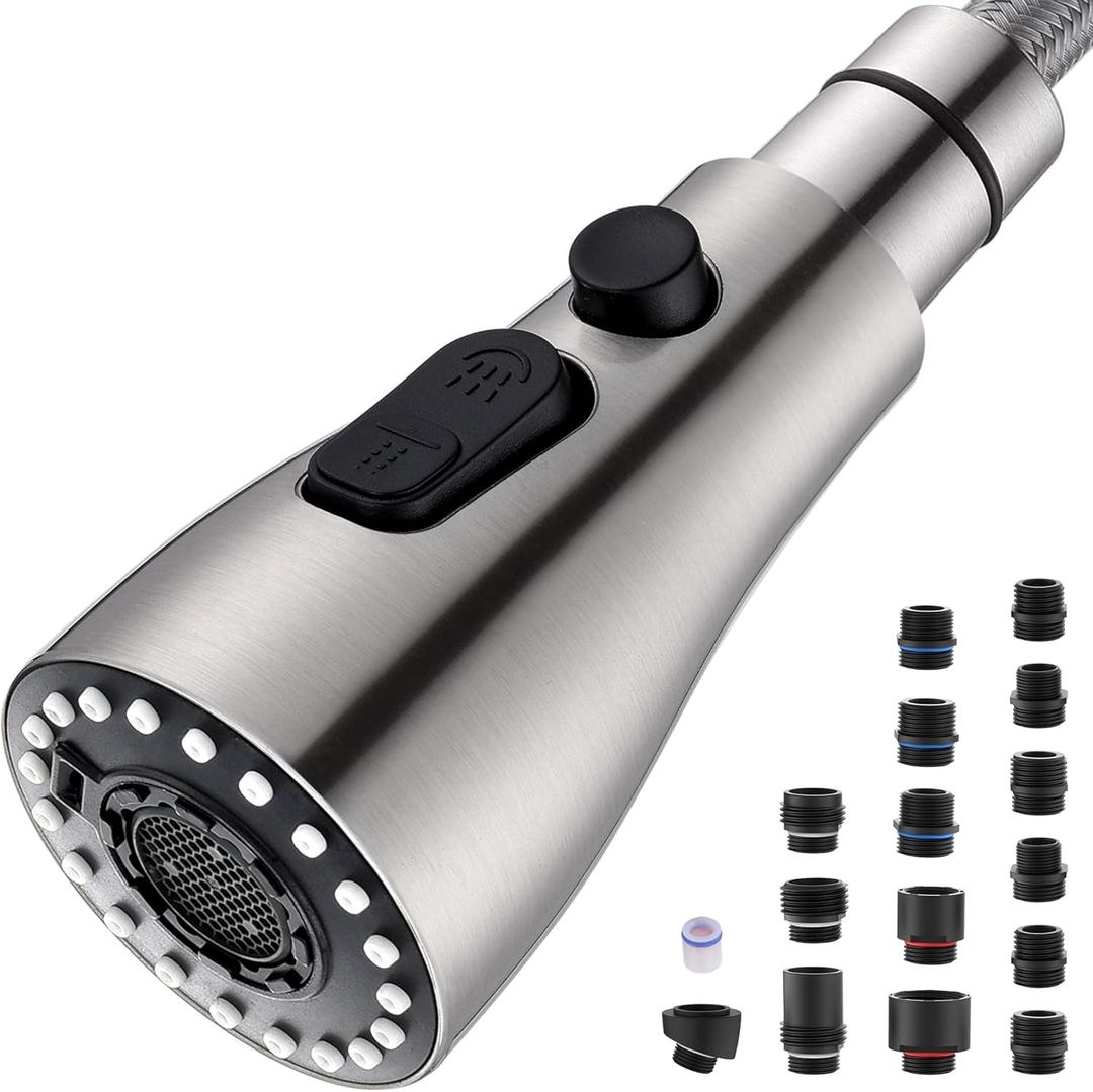 Metal Kitchen Faucet Head Replacement 3 Mode High-Pressure Sink Sprayer Replacement with 15 Nozzle Adapters, Durable Pull Down Spray Head for Kitchen Sink (Stream/Spray/Blade), Stainless Steel