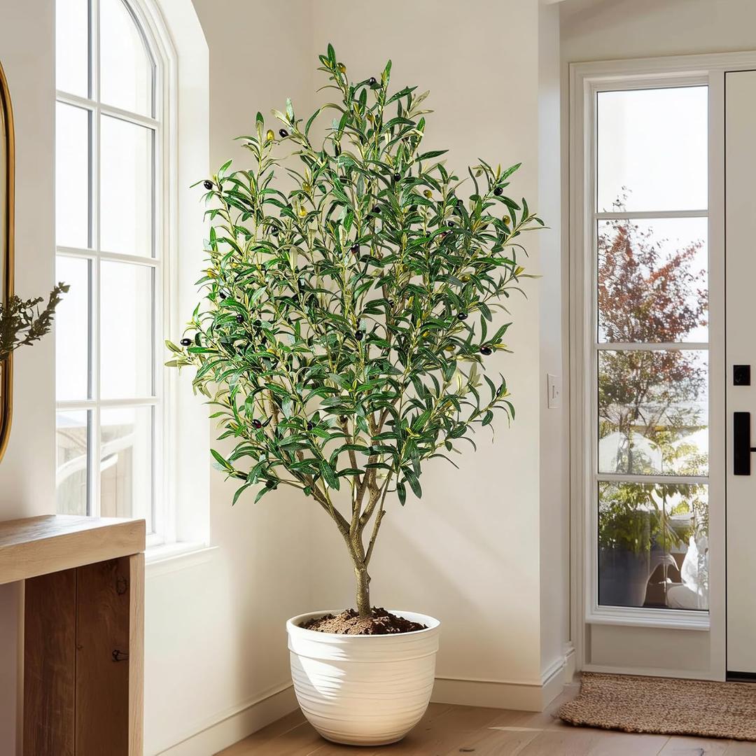 Tall Artificial Olive Tree Faux Trees Indoor Outdoor Realistic Floor Plant Large Fake Plants for House Modern Home Living Room Master Bedroom Office Front Porch Decor Outside Patio para decoracion
