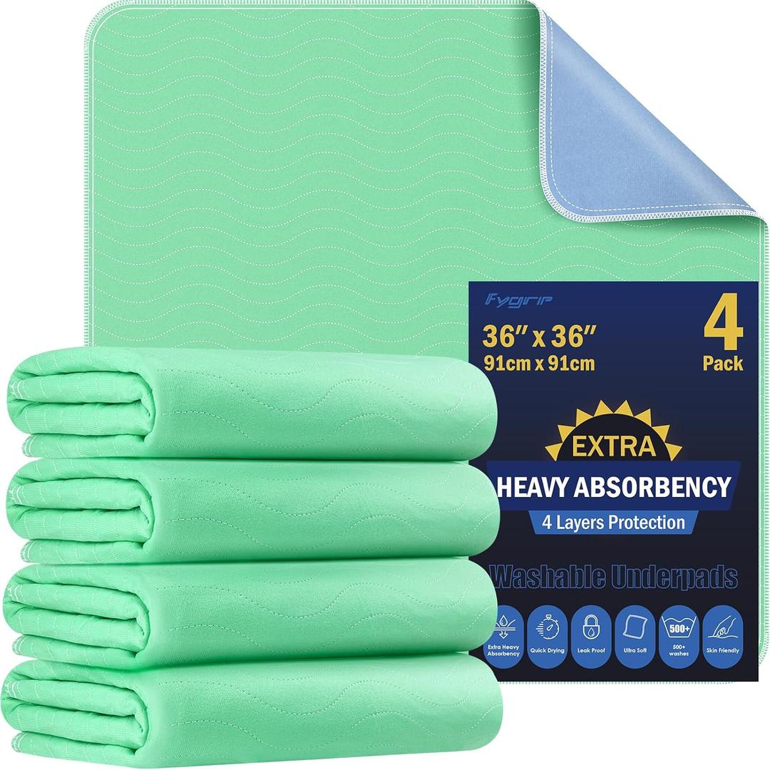 FYGRIP 4 Pack 36 x 36 Extra Heavy Absorbency Washable Underpads, Waterproof Quick Drying Nursing Incontinence Reusable Washable Bed Pee Pads for Dogs, Diaper Changing & Adults, Green