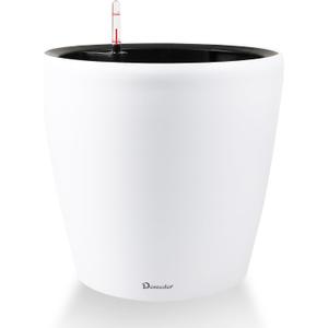 Dexceder 18x17 Self Watering Planter with Wheels Indoor Outdoor, Inner Pot Design, Thickened Large Floor Standing Flower Plant Pot with Water Level Indicator (White Matte)