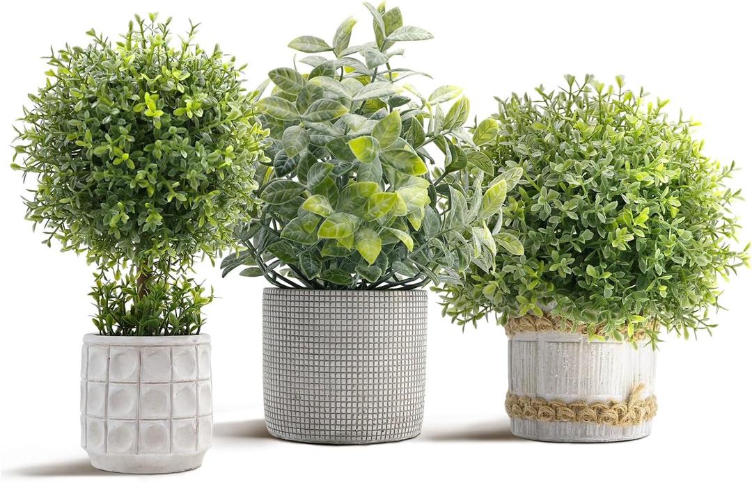 3 Pack Fake Plants in Cement Planter, Small Artificial Plants Indoor, Faux Boxwood Topiary Plants for Home Bathroom Kitchen Farmhouse Office Shelf Desk Room Decor