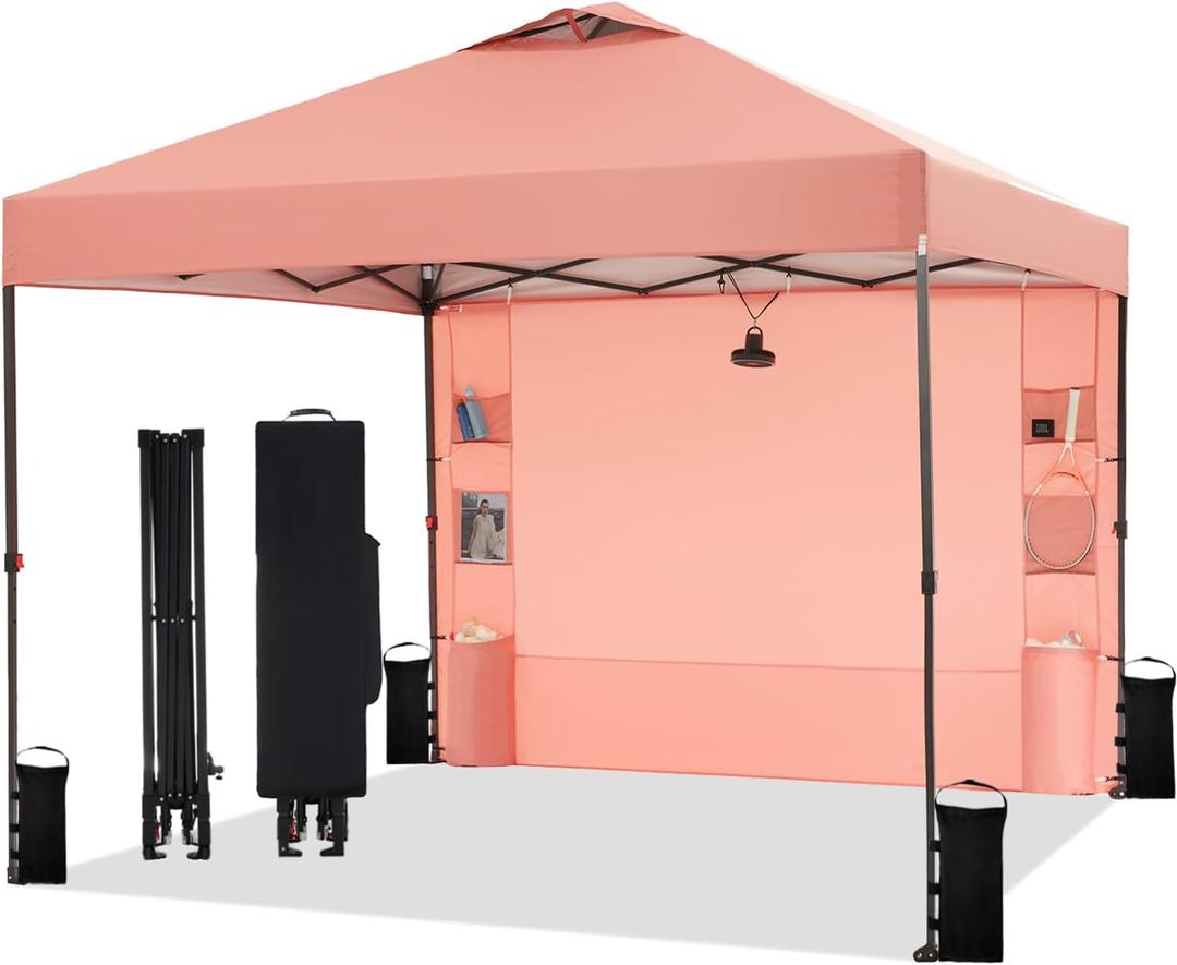 10'x10' Pop Up Canopy Tent with Sidewall and 6 Pockets, Patented One Push, 1 Person Easy Set up, Canopy with Vented Roof for Patio Beach Outdoor, Case, 8 Stakes, 4 Ropes, 4 Sandbags (Ocher)