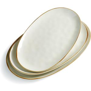famiware Serving Platter, Oval 15.59/14.3/12.9inch Serving Dishes for Entertaining, Serving Bowls, Microwave Safe, Stoneware Serving Trays for Party, Food, Turkey, Cheese, Ocean Series, Vanilla White