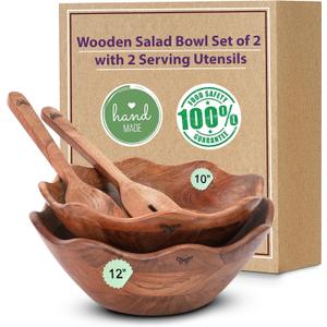 Melvvi Large Wooden Salad Bowl Set of 2 with 2 Serving Utensils | 10" &12 inch Extra Large Acacia Wood Serving Bowls | Great gift for mothers (Natural Set of 4)