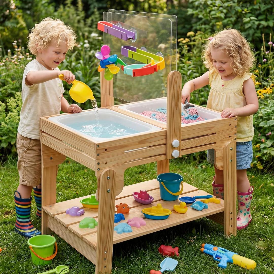 Water Table for Toddlers, Adjustable Height Wooden Sand and Water Table with 2 Collapsible Bins, Acrylic Activity Board, Water Track Toys & 16-Piece Play Set, Indoor Outdoor, Ages 3+