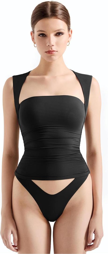 SUUKSESS Womens Square Neck Going Out Tank Tops Double Lined Summer Sleeveless Business Casual Shirt (Medium, Black)