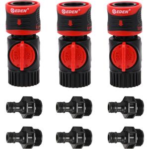 Eden 93218 Premium Garden Connect with Shutoff Valve and Water Stop & Lock Feature Quick Release Kit Hose Fittings and Adapters, (3 Sets/ 9 Pc)