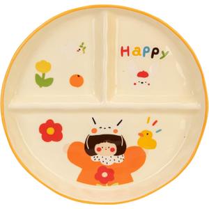 Divided Ceramic Plate, 3-Compartment Toddler Portion Control Tray, Family Series Healthy Sectioned Dinnerware for Kids, Microwave & Dishwasher Safe (Girl)