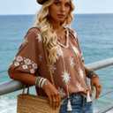 Halife Womens Flowy Boho Summer Tops Tassel Tie V Neck Short Sleeve Blouses (Brown, XL)
