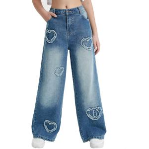 EXARUS Girls Jeans Baggy Denim Pants Wide Leg/Flare Teen Clothes Ripped | Tween Washed Trousers Casual Youth Kids Junior Preteen Preppy Back to School Bottoms Pockets Mid Rise Y2K 6-16Y (Blue)