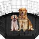 PJYuCien Dog Playpen with Bottom Pad - Metal Foldable Exercise Pen, 8 Panels 24" H x 24" W Indoor Outdoor Pet Fence Puppy Crate Kennel, Black