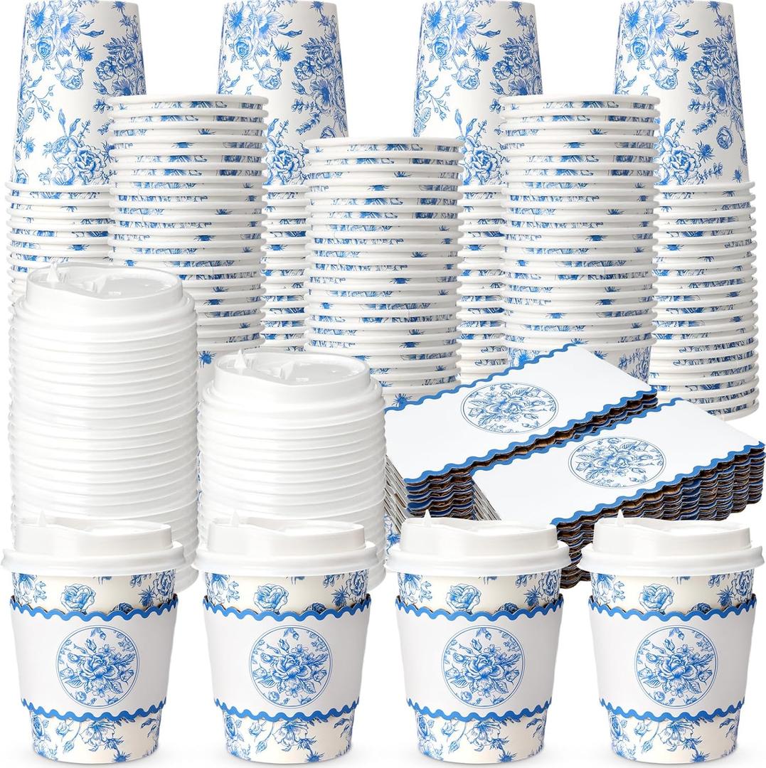 48 Sets Floral Paper Coffee Cups with Lids and Sleeves 8oz Vintage Flower Disposable Drinking Cups Bulk for Birthday Wedding Bridal Shower Tea Party Supplies (Blue)
