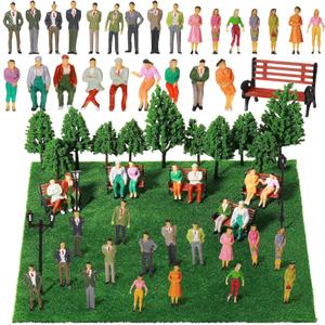 Sratte 55 Pcs 1:30 Scale Model Trains Architectural Scale Painted Figures Set, Include 30 Miniature People 5 Street Lamps 11 Mixed Model Trees 5 Park Street Seat 4 Fake Grass for Miniature Scene