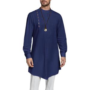 Gafeng Mens Kaftan Thobe Long Sleeve Robe Gown Casual Cotton Linen Button Muslim Shirt (Medium, Navy)