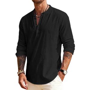Men's Linen Shirts Henley T-Shirts Long Sleeve Casual Beach T-Shirts Solid Tops Shirts for Men (X-Large, Black)
