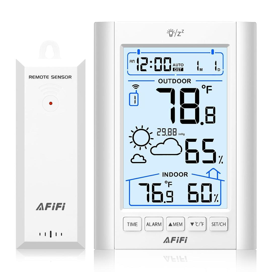 Indoor Outdoor Thermometer Hygrometer Wireless Weather Station - Inside Outside Thermometers Hygrometer Monitor with 330ft Remote Sensor, Battery Powered, Backlight Display (White)