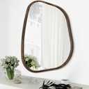 Asymmetrical Accent Mirror for Wall Irregular Oval Wood Frame Modern Unique Wall Mirror Decorative Boho Vanity Bathroom Living Room Bedroom Entryway Hallway Artistic Wavy Mirror Large 26"x18" (Light Tan)