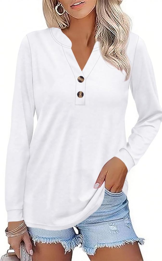 Women Button Down Henley Shirts V Neck Long Sleeve Fashion Dressy Casual Tops Trendy Blouses Loose Fit Tunic (White, XL)