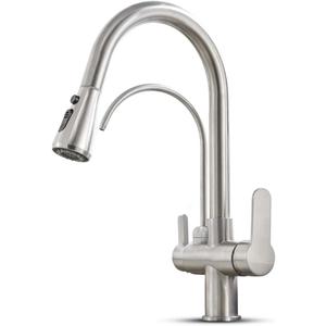 MENATT Filter Kitchen Faucet with Drinking Water Faucet, High Arc Pull Down 3-Way Kitchen Faucet, 3 in 1 Sink Cold and Hot Mixer Tap (Brushed Nickel)