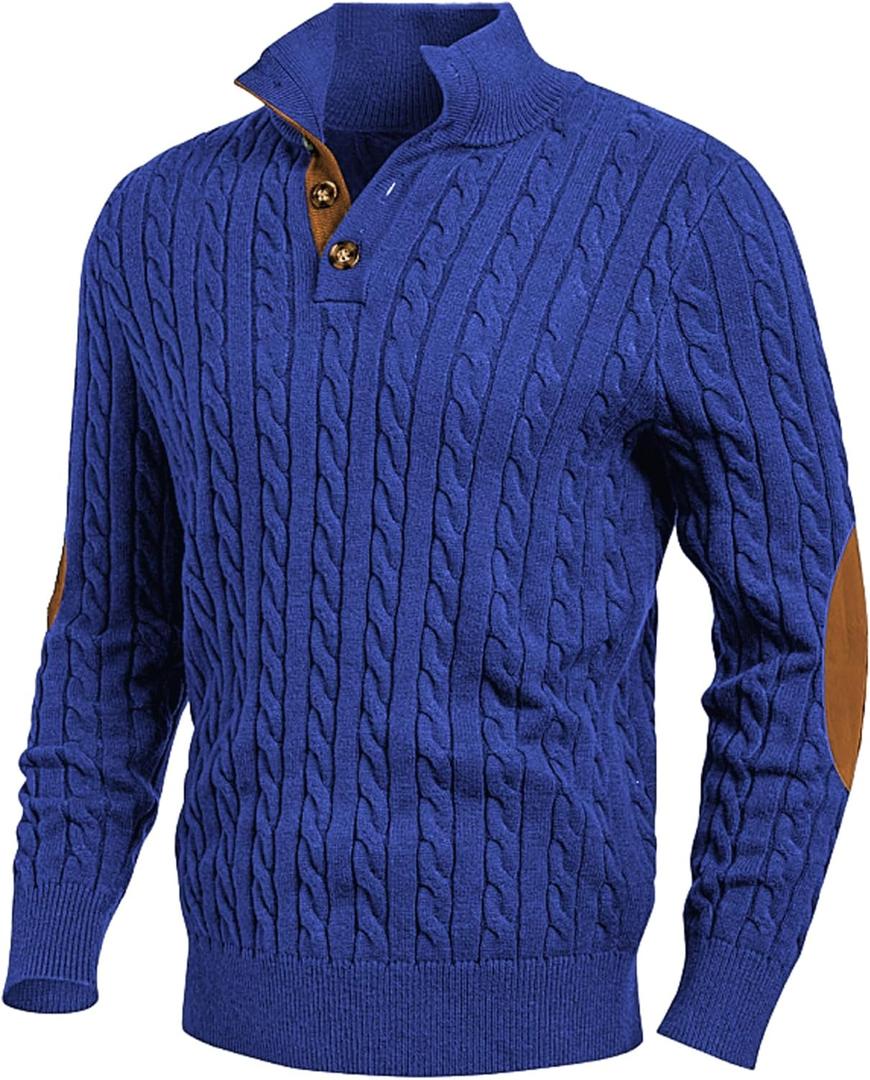 JMIERR Men's Cable Knit Pullover Sweater Casual Long Sleeve Stand Collar Button Knitted Sweaters (X-Large, Dark Blue)