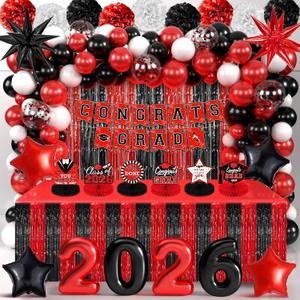 TREWAVE 2026 Graduation Red and Black Party Decorations - 104 Pcs Class of 2026 Graduation Decorations Include Foil Fringe Curtains and Tinsel Table Skirts for High School College Grad Celebrations