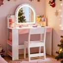 Teckid Kids Vanity Table and Chair Set with Lights, Toddler Vanity Desk for Girls, Princess Makeup Vanity for Kids with Storage Shelves, Open Bookshelf and Stools, White, Small