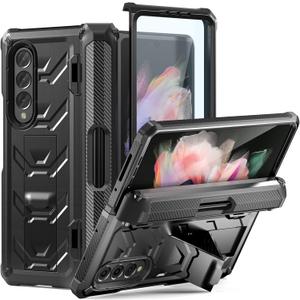 FONREST Rugged Case Armor for Samsung-Galaxy-Z-Fold-3 w/ Built-in [Kickstand] [S Pen Holder] [Screen Protector] [Hinge Protection], Heavy Duty Shockproof Protective Cover NOT FIT Z Fold 4/2 (Black)