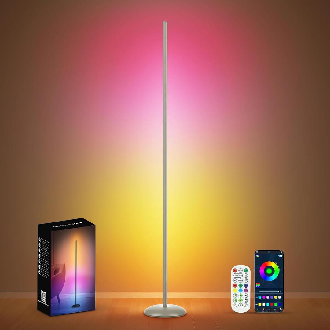Corner Floor Lamp RGB, Smart LED Corner Lamp with APP & Remote Control, Floor Lamp Dimmable with 16 Million Colors, Music Sync, Standing Lamps for Living Room, Bedroom - Silver