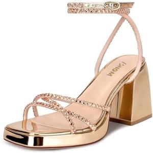 ISNOM Platform Heels for Women Comfortable Strappy Heels Short Block Chunky Sandals Ankle Strap Simple Summer Heeled Sandals Square Open Toe for Wedding Work Party Dressy Prom 6, Crystal Champagne 