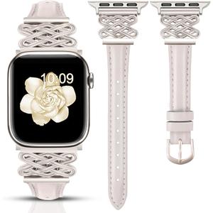 Newlibery Leather Band for Women Slim Dressy Bands Compatible with Apple Watch 38mm 40mm 41mm 42mm 44mm 45mm 49mm, Designer Interlock Buckle Strap for iWatch Series 10/9/8/7/6/5/4/3/2/1/SE/Ultra