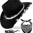 Cowboy Hat for Women Men 6 Sparkly Stars Brim & Rhinestone Belt Western Cowgirl Hat with Sunglasses Bandanas (Medium, Black)