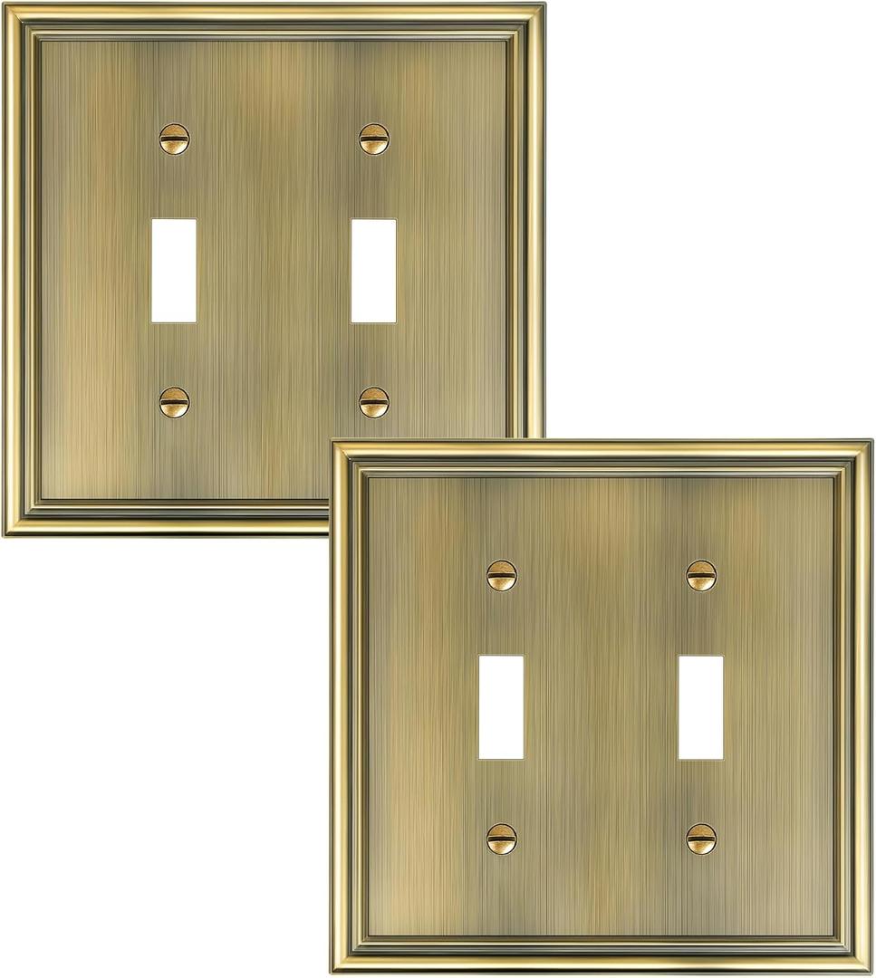 2-Pack Double Toggle Light Switch Cover Plate, Durable Solid Zinc Alloy Decorative Dual Switch Plate Covers, Antique Brass 2 Gang Wall Plate, Corrosion Resistant