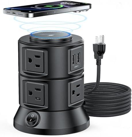 Power Strip Tower 1875W 15A with 15W Magnetic Wireless Charger, Dual-Layer Rotatable Design, 540 Joules Surge Protector Tower with 6 AC Outlets and 4 USB Ports(2USBA+2USBC), 5FT Braided Extension Cord