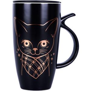 WHJY 20oz Large Black Cute Cat Ceramic Coffee Mug Cup with Splash-proof Lid, Cat Tail Shape Handle, Animal Cat Mug Tumbler (black)