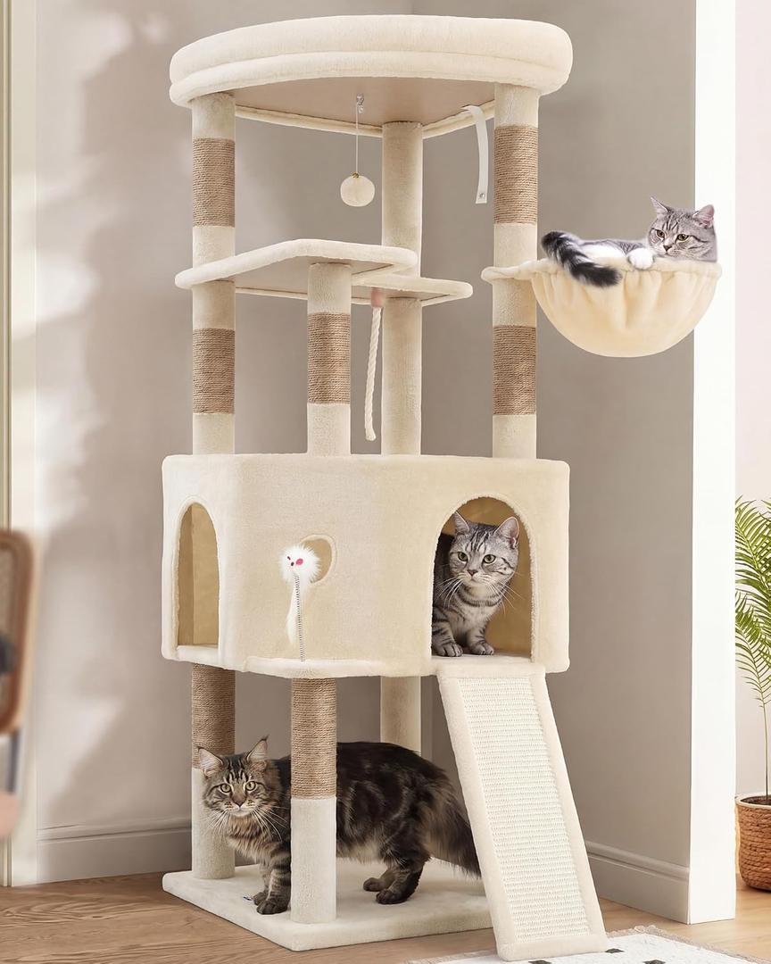 Cat Tree, 61 Inch Tall Cat Tower, Diamond-Shaped Cat Condo with Wide Top Perch & Basket, Sturdy Scratching Post, Interactive Toy for Large Indoor Cats, Beige VCT001MJ