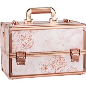 Joligrace Makeup Train Case Professional Cosmetic Organizer Aluminum Storage Box with 4 Adjustable Dividers Trays Lockable Portable with Shoulder Strap (Marble Flower) Joligrace Makeup Train Case Professional Cosmetic Organizer Aluminum Storage Box with 4 Adjustable Dividers Trays Lockable Portable with Shoulder Strap (Marble Flower)