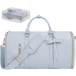 Garment Bags for Travel, Convertible Suit Travel Bag for Women, Stylish Carry On Garment Bag with Toiletry Pocket, Shoulder Strap and Shoes Compartment, 2 in 1 Foldable PU Leather Duffle Bag, Blue