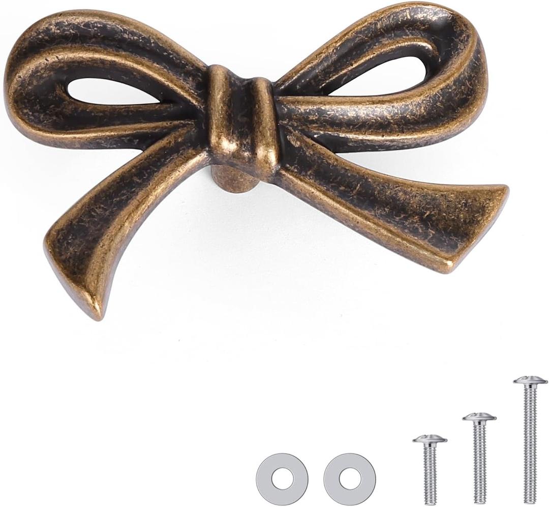 8 Pack Antique Vintage Bow Dresser Knobs, Small Decorative Cabinet Drawer Pull Handles for Girls Bedroom and Nursery Room Decor (Antique Brass Bronze)
