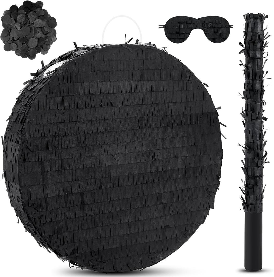 Jenaai 16" Round Blank Piata with Stick, Blindfold and Confetti for Adults and Kids' Birthday Parties, (Black)