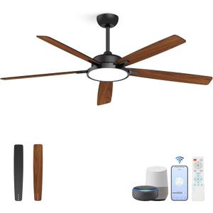 Roomratv Ceiling Fans with Lights,62 Inch Smart Ceiling Fan,Remote and App Control,Dimmable,Reversible,Noiseless, Compatible with Alexa,Google Home,Large Black Modern Ceiling Fan for Indoor/Outdoor