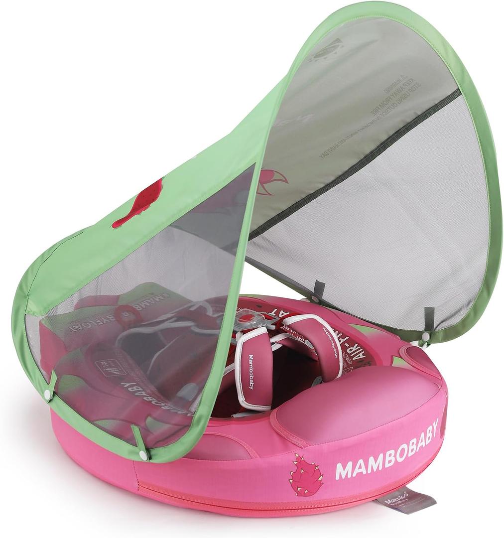 Mambobaby Float Add Tail Baby Swim Float with Canopy Solid Pool Infant Swim Trainer Swimming Training Lying Air Free Water Floats Non-Inflatable Waist Swim Ring for Toddlers (Dragon Fruit), Large