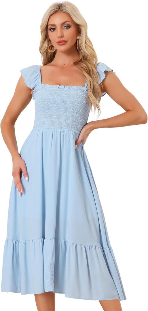 Allegra K Boho Midi Dress for Women's Square Neck Ruffle Tiered Flowy Smocked Sundress (Blue, XS)