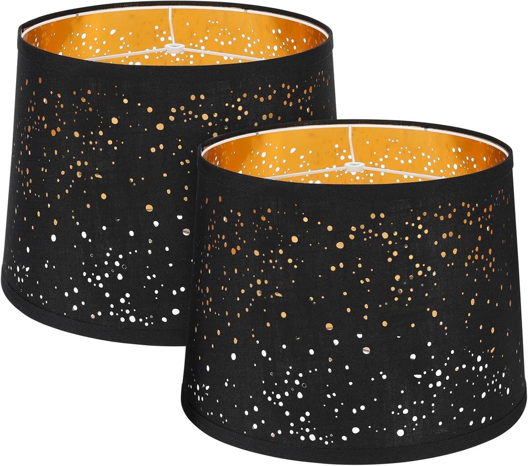 ALUCSET Drum Large Lampshades Set of 2, Stars Hollow Black Lamp Shade 13" Top X 15" Bottom X 11" High, Lamp Shades for Living Room Home Decor, Assembly Required Spider Fitter (131511")