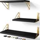 BAYKA Wall Shelves for Bedroom Decor, Floating Wall Shelves for Living Room Kitchen Storage, Wall Mounted Rustic Wood Floating Shelves for Kids Books, Corner Shelves for Bathroom, Office(Set of 3) (Black Gold)