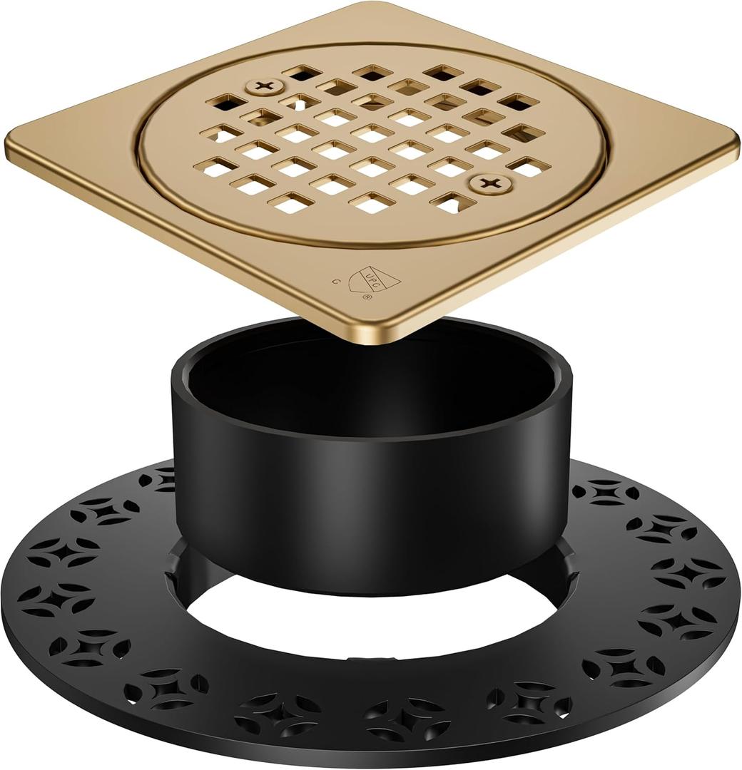 Yaseingo Removable Square Shower Floor Drain Compatible with Schluter Kerdi Drain Flange, 4 Inch Drain Grate Kit SS304 Stainless Steel and ABS Material - CUPC Certification, Champagne Bronze