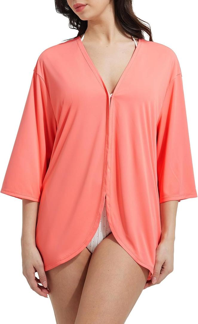 baleaf Women's Long Sleeve Sun Shirts UPF 50+ Lightweight Open Front Cardigan with Pockets Beach Cover Up SPF Sun Wrap (Pink, L)