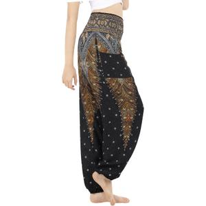 Boho Pants 2-Pocket Flowy Harem Pants Women for Yoga Travel Hippie Clothes (Black) Large