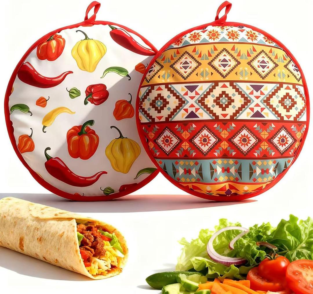 [2PCS] Classic Tortilla Warmers, Insulated Soft Cloth Pouch, Microwavable Fabric Bag Keeps Food Warm, Perfect for Tortillas, Tacos, Naan, Pizza Rolls, Reusable & Easy-Clean for Home & Party